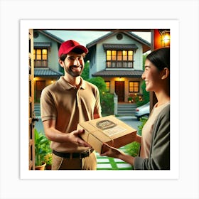 Friendly Food Delivery Wall Art: A Heartwarming Scene of Doorstep Service for Home and Business Decor Print Art Art Print