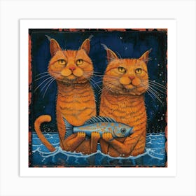 Two Cats Holding A Fish Art Print