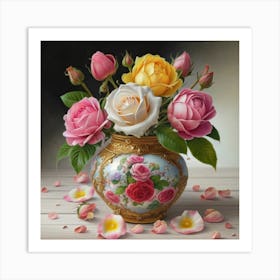 Roses in Antique fuchsia jar 6 Art Print