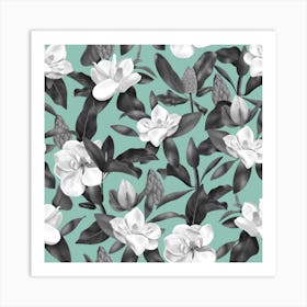 Magnolias Flowers Green Art Print