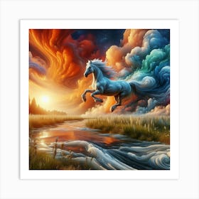 3 Dimensional Horse Jumping A Creek Sunset Clouds Swirling 3 Art Print