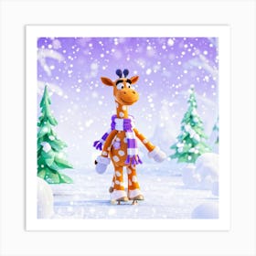 Cheerful Giraffe Adorned In A Scarf And Mittens Trotting Through A Winter Wonderland Sprinkled With Art Print