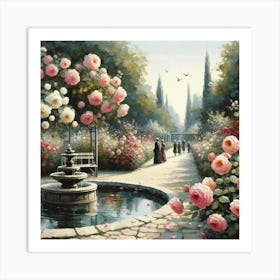 Roses In The Garden With The Fountain, Acrylic Style Painting 7 Art Print