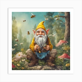 Sunflower Gnome With Bee Funny Hippie Gnome Art Print