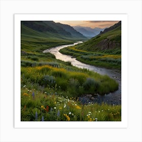 A Lush Green Valley With A Winding River And Wildflowers In Bloom Art Print