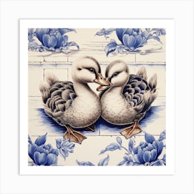 Ducklings Delft Tile Illustration 1 Art Print