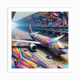 A colorful, abstract painting of an airplane in a hangar. Art Print