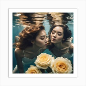 Tyndall Effect, A Beautiful Two Women Lies Underwater In Front Of Pale Yellow Roses ,Sunbeams In The Art Print