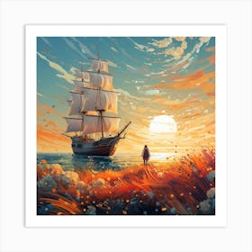 Sailing Ship At Sunset Art Print