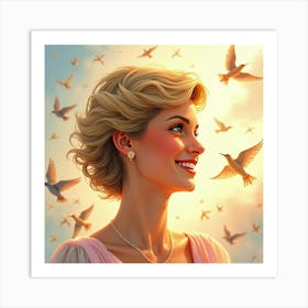 Princess Diana Glowing With A Smile As Watercolor Birds Fly In The Background 1 Art Print