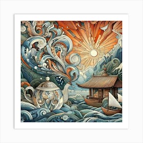 Abstract Zentangle drawing of a wooden hut in the middle of stunning nature 4 Art Print