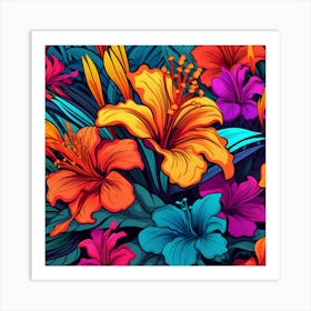 Hibiscus Flowers Colorful Vibrant Tropical Garden Bright Saturated Nature Art Print