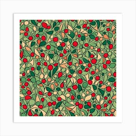 Seamless Pattern With Berries, A Pattern Featuring Abstract Geometric Shapes With Lines Rustic Green And Red Colors, Flat Art, 116 Art Print