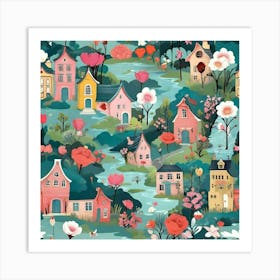 Spring City Seamless Pattern Art Print 2 (1) Art Print