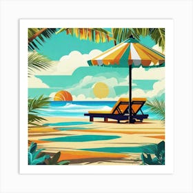 Beach Scene With Umbrella Art Print