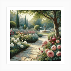 Rose Garden With The Fountain, Acrylic Style Painting 19 Art Print