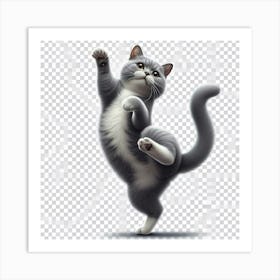 A gray and white cat with its left paw in the air and its right paw on the ground, with its tail sticking straight up in the air as it seems to be dancing Art Print