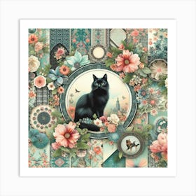 Black Cat With Flowers 2 Art Print