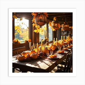 Autumn Table Decor Sprawling Across A Rustic Wooden Table Scattered Bright Orange Pumpkins Accompan (2) Art Print