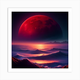 Red Moon Over The Ocean 1 Art Print