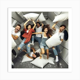 A Group Of Friends Having A Pillow Fight In Zero Gravity, Floating Around The Room And Laughing Hysterically 3 Art Print