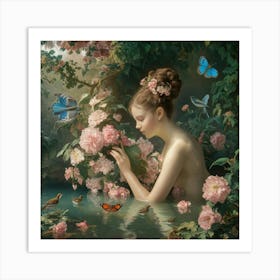 A Serene And Ethereal Scene Unfolds In A Lush Garden. Art Print