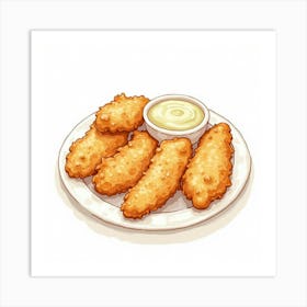 A Whimsical Watercolor Of A Plate Of Crispy And Tender Chicken Tenders With A Side Of Dipping Sauce Art Print