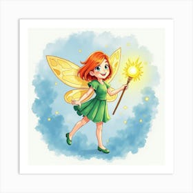 Radiant Fairy With A Glowing Wand, Watercolor 1 Art Print