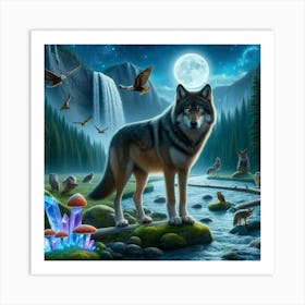 Wolf on the Mushroom Crystal Riverbank 1 Art Print