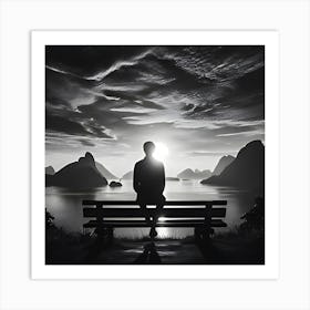 Photo Of A Black And White Picture Of A Person Facing The Sunset From A Bench Art Print