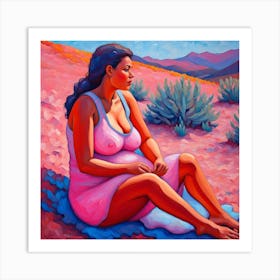 Woman Sitting In The Desert Art Print