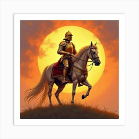 Majestic Knight In Golden Armor With A Vibrant Sunset Backdrop, Watercolor 1 Art Print