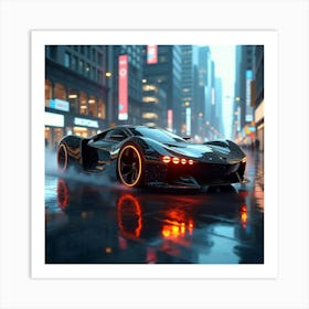 Sleek Futuristic Car With Glowing Wheels, Flying Through A High Tech City 1 Art Print