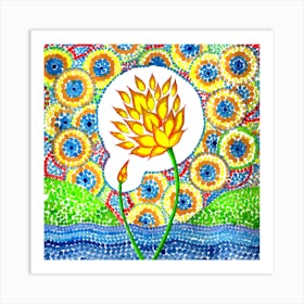 Bright Yellow Lotus Flower In Pond Abstract Dot Art Art Print