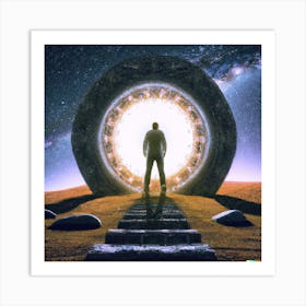 A man standing in front of a stargate to another dimension Art Print