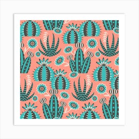 DESERT GARDEN Retro Cactus Flowers Aloe Succulents Botanical in Vintage Mid-Century Turquoise Charcoal Red White on Pink Art Print