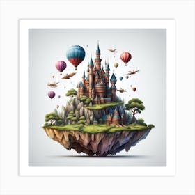 Castle On An Island With Hot Air Balloons Art Print