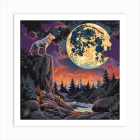 Wolf Moon Cliff Night Forest Stars River Rocks Clouds Twilight Wilderness Trees Nature Dusk Art Print