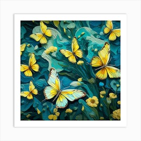 Yellow Butterflies On A Blue Background Art Print