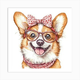 Corgi Dog With Glasses 2 Art Print