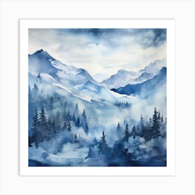 Watercolor Of Snowy Mountains Art Print