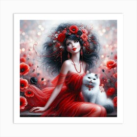 Red Poppy Girl With Cat Art Print