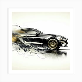 Side View Of A Black Mustang Car Acceleration Creative Color Drawing Art Print