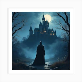 Dark Knight Standing Before A Haunted Castle At Night, Watercolor Effect 1 Art Print