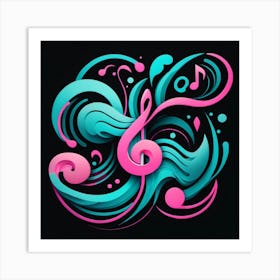 illustration music, cyan pink, symbolism, cloudcore, endercore, black background, wavy lines organic shapes 1 Art Print