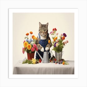 Cat Watering Flowers Art Print