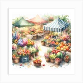 Inviting and Delicious - Watercolor Painting of a Flower and Fruit Market Art Print