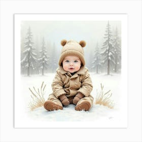 Baby Boy Wearing A Cozy Hat Sitting In A Watercolor Snow Covered Field Art Print