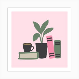 Books with coffee and plant Art Print