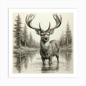 Deer In Water 15 Art Print